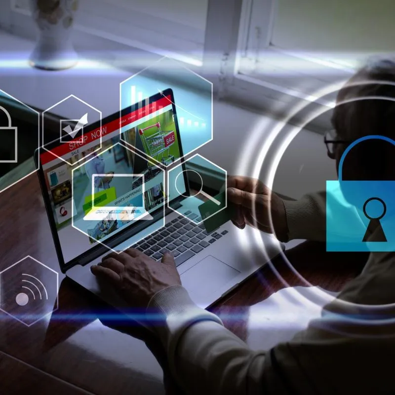 45213528 digital cybersecurity and network protection concept virtual locking mechanism to access shared resources interactive virtual control screen with padlock laptop on background